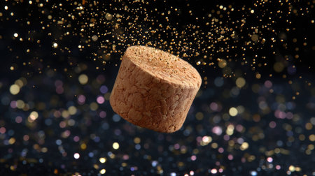 A round piece of natural cork floats in mid-air, surrounded by shimmering sparkles against a dark abstract background, creating a visually stunning effect.の素材