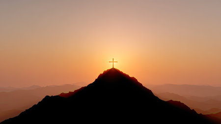 A beautiful silhouette of a cross atop a mountain during sunset, symbolizing hope and faith. The warm colors of dusk create a serene atmosphere.の素材