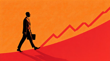 A striking illustration depicting a businessman walking towards a growing graph against an orange background symbolizes ambition, success, and corporate growth in business.の素材