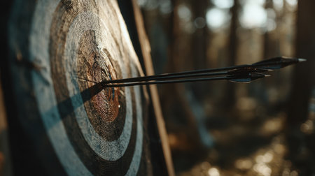 A close-up view of a wooden target with an arrow perfectly lodged in the center, set against a tranquil natural backdrop, showcasing precision and skill in archery.の素材