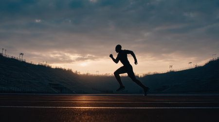 Dramatic silhouette of a male runner in full sprint on an outdoor track at sunset, showcasing the essence of athleticism and the pursuit of personal goals.の素材