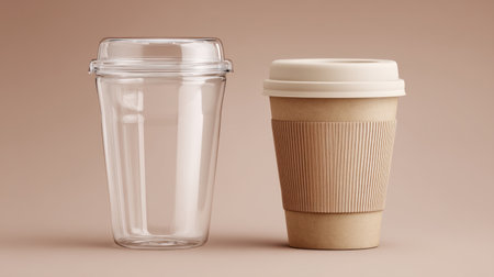 This image features a transparent cup alongside a paper coffee cup, highlighting modern beverage containers. Ideal for showcasing eco-friendly and stylish designs.の素材