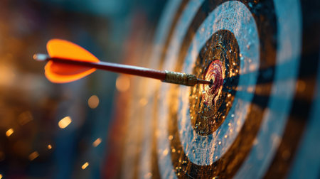 An impactful close-up image of a vibrant arrow striking the bullseye on a dartboard, showcasing themes of achievement and precision in dramatic lighting.の素材