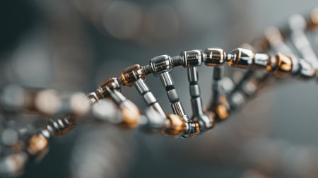 Discover a stunning macro view of a metallic DNA helix, symbolizing advancements in science and technology, beautifully crafted with intricate details and reflections.の素材