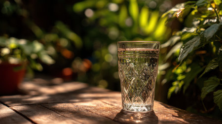A beautifully crafted glass filled with clear water sits on a rustic wooden table, surrounded by vibrant greenery, capturing the essence of refreshment and tranquility in nature.の素材
