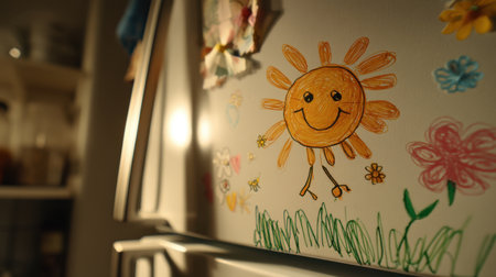 A vibrant sun drawing adorns a refrigerator door in a bright kitchen, highlighting joyful family moments and creativity. This cheerful artwork adds warmth and charm.の素材