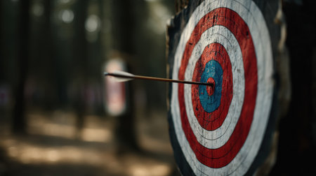 A sharp arrow strikes the bullseye of a colorful target in a serene forest, showcasing the essence of precision and focus in the thrilling sport of archery.の素材