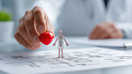 This illustration captures the essence of healthcare and anatomy, showcasing a hand holding a heart with a human model on a blueprint, symbolizing innovation in medical fields.の素材