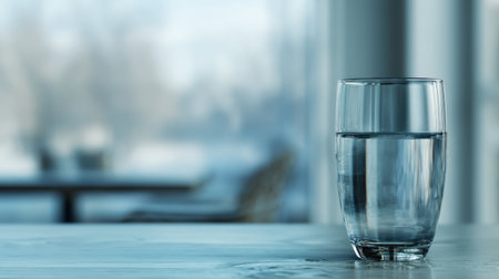 A clear glass containing water rests on a wooden table, set against a softly blurred interior, embodying tranquility and a refreshing ambiance in a modern space.の素材