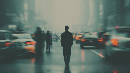 A lone figure walks through a foggy city street bustling with traffic, creating a striking contrast between solitude and the chaos of urban life in a moody atmosphere.の素材