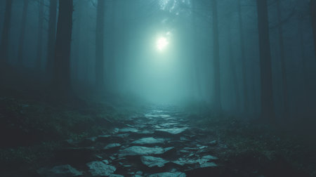 A captivating forest scene featuring a winding path shrouded in mist and fog, illuminated by soft moonlight. This enchanting woodland evokes a sense of mystery and tranquility.の素材