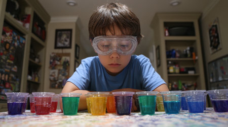 A young boy wearing safety goggles studies colorful cups filled with various liquids, showcasing a moment of curiosity and creativity in a home setting.の素材