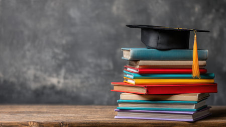 A graduation cap rests atop a vibrant stack of books on a rustic wooden table, representing the journey of education and the milestones of academic success.の素材