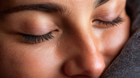 A serene close-up image showcasing a young woman with closed eyes, embodying relaxation and calmness, creating an intimate moment of peace and self-care.の素材