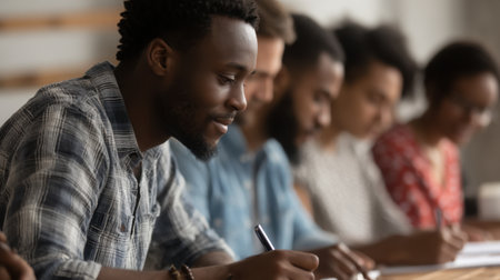 A young man is deeply focused on writing notes during a creative workshop, surrounded by a diverse group in a bright, collaborative space, fostering ideas and learning.の素材
