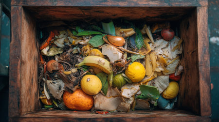 This image shows a diverse assortment of organic kitchen waste in a wooden bin, offering insight into sustainable waste management practices and composting methods.の素材