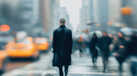 A solitary man in a long black coat walks through a rain-soaked city street filled with blurred figures and yellow taxis, capturing urban life and movement.の素材