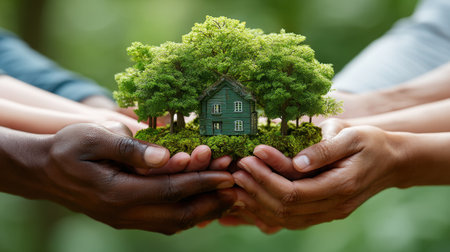 A powerful representation of unity and environmental awareness, hands cradle a miniature green house encircled by vibrant trees, emphasizing harmony with nature.の素材