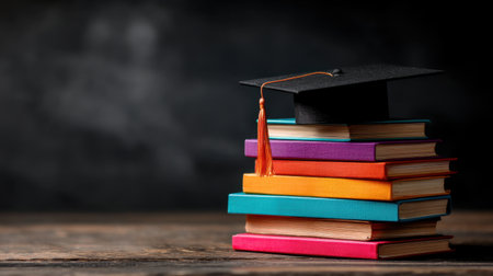 A vivid arrangement of colorful books stacked on a wooden surface with a black graduation cap atop, symbolizing education, achievement, and academic success.の素材