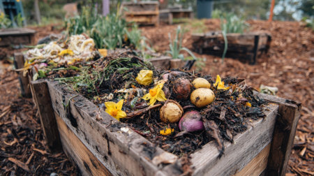 A vibrant compost display featuring decomposing vegetables and flowers in wooden boxes, promoting sustainability within an urban garden setting surrounded by greenery.の素材
