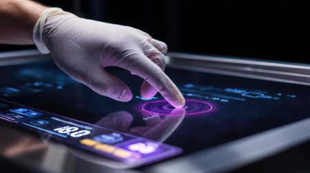 A close-up view of a gloved hand interacting with a high-tech touchscreen display showcasing futuristic technology and digital interaction in a dark setting.の素材
