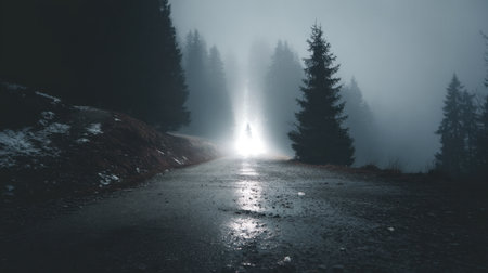 A captivating view of a foggy road illuminated by a bright light, surrounded by dark pine trees, evoking a sense of mystery and tranquility in nature.の素材