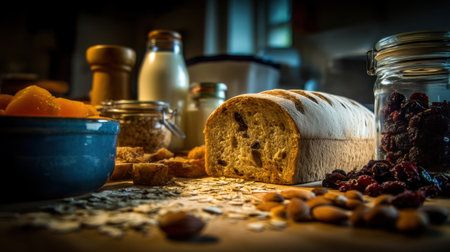 A stunning composition featuring freshly baked bread alongside a variety of healthy ingredients, capturing the essence of a cozy breakfast scene with rustic charm.の素材
