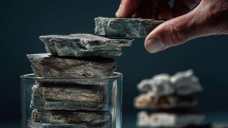 A close-up image showcasing the delicate act of stacking natural stones in a glass vessel with a hand gently placing the top stone, highlighting minimalist design.の素材