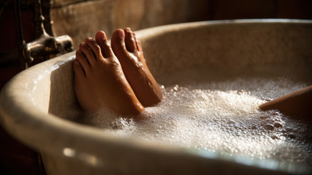 Experience the calming ambiance of a bubble bath with feet submerged in warm water, creating a serene environment perfect for self-care and relaxation.の素材
