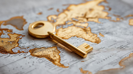 A golden key rests on a vintage world map, symbolizing the spirit of travel and discovery. Perfect for themes of exploration and adventure in your projects.の素材