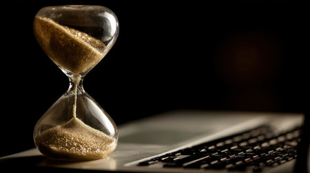 An hourglass filled with golden sand rests on a laptop keyboard, embodying the concepts of time management and productivity in a modern workspace setting.の素材