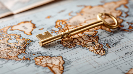 A striking close-up of a vintage golden key lying on a detailed antique map, evoking themes of adventure, exploration, and the allure of discovering distant lands.の素材