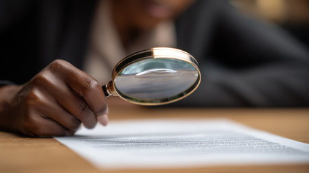 An individual closely examines a document with a magnifying glass, emphasizing the importance of meticulous analysis and focus in a professional or educational setting.の素材