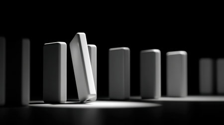 This image captures white dominoes in a dramatic light and shadow interplay. It symbolizes concepts of cause and effect, stability and motion in a minimalistic setting.の素材