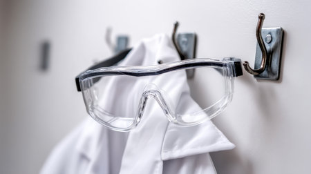 A close-up view of clear safety goggles paired with a white lab coat, both neatly hanging on hooks against a smooth wall, emphasizing a clean and organized laboratory space.の素材