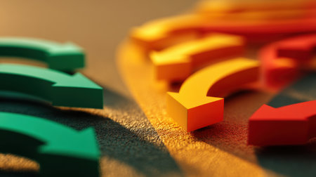 This vibrant image features colorful 3D arrows in green, orange, and yellow, pointing in various directions on a textured background, representing choices and decisions.の素材