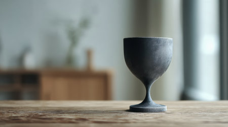 A beautifully crafted black cup sits on a rustic wooden table, illuminated by natural light, perfect for enhancing a modern dining setting or home decor.の素材