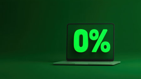 A sleek laptop sits against a vivid green background, featuring a striking zero percent sign, representing concepts of discounts, offers, and financial metrics.の素材