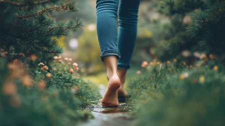 A peaceful scene showing a person walking barefoot on a soft path surrounded by vibrant flowers and lush greenery, capturing the essence of natural tranquility and serenity.の素材