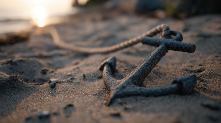This serene image captures a rusty anchor nestled in the soft sand, illuminated by the warm glow of a sunset. Perfect for coastal and nature-themed projects.の素材