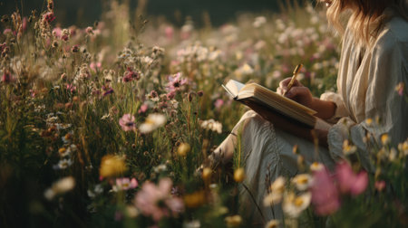 A serene moment captures a woman dressed in white writing in her notebook amidst vibrant wildflowers in a beautiful meadow, inviting inspiration and tranquility.の素材