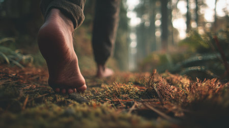A serene moment captured in the forest as a person walks barefoot on a soft mossy path, embodying tranquility and connection to nature in gentle morning light.の素材