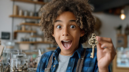 A joyful young boy showcases excitement as he holds an antique key in a charming shop. The scene captures a moment of curiosity and wonder surrounded by eclectic items.の素材