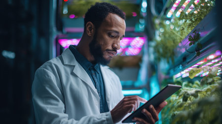 A diligent researcher in a lab coat examines information on a tablet in a state-of-the-art vertical farming setup, highlighted by vibrant LED lights illuminating fresh plants.の素材