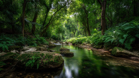 Explore the beauty of a tranquil forest stream, enhanced by vibrant greenery and gentle sunlight filtering through the tree canopy, creating a serene atmosphere.の素材