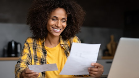 A joyful woman sits at her home workspace, reviewing documents on her laptop and smiling, radiating positivity in a cozy and modern environment.の素材
