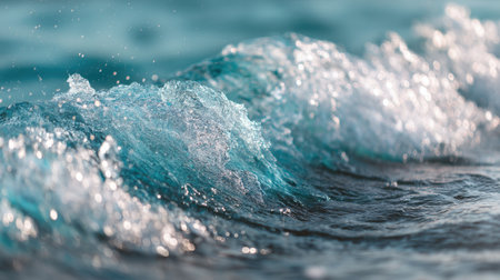 This close-up image of a vibrant ocean wave showcases the intricate movement and shimmering reflections of light, conveying peace and the beauty of nature's power.の素材