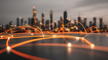 An abstract composition featuring dynamic light trails illuminating a blurred urban skyline. The scene captures the essence of technology and connectivity in a modern city.の素材