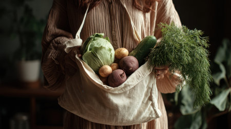 A woman holds a canvas bag filled with fresh organic vegetables, surrounded by lush greenery and soft lighting, emphasizing sustainable living and healthy eating.の素材