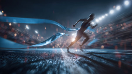 A powerful image of an athlete sprinting towards triumph, showcasing the focus and intensity of competitive running under bright stadium lights.の素材